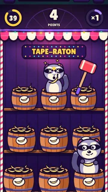 Tape-Raton : des ratons sortent des tonneaux, un maillet attend