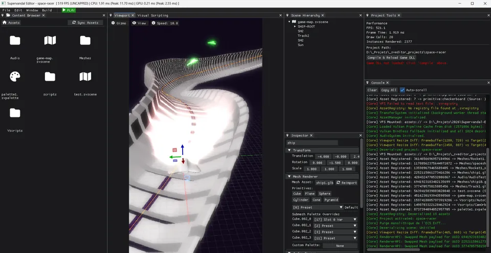 L’éditeur du moteur Supervandal sous Windows : explorateur de fichiers, vue 3D d’un circuit, hiérarchie de la scène, inspecteur et console
